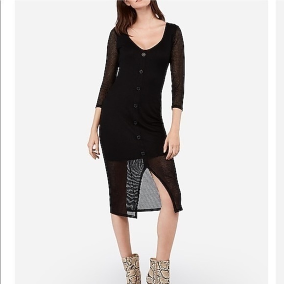 Express Black Ribbed Button Midi Dress Small - Picture 1 of 16